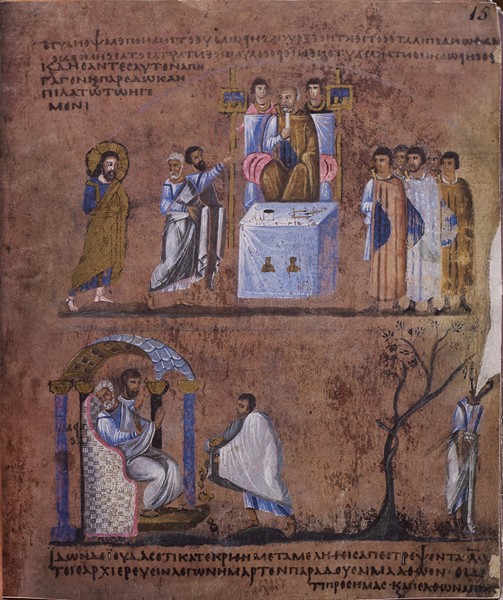 Il processo di Cristo davanti a Pilato, con il rimorso e suicidio di Giuda